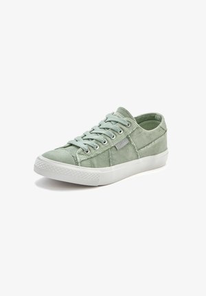 Light green canvas sneakers with white rubber sole, round toe, and flat laces. Features stitched accents and a small logo on the side.