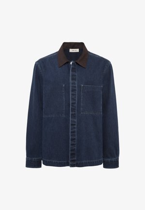 Dark denim jacket with brown collar, front zip closure, two chest pockets, and structured silhouette. Textured fabric with visible stitching.