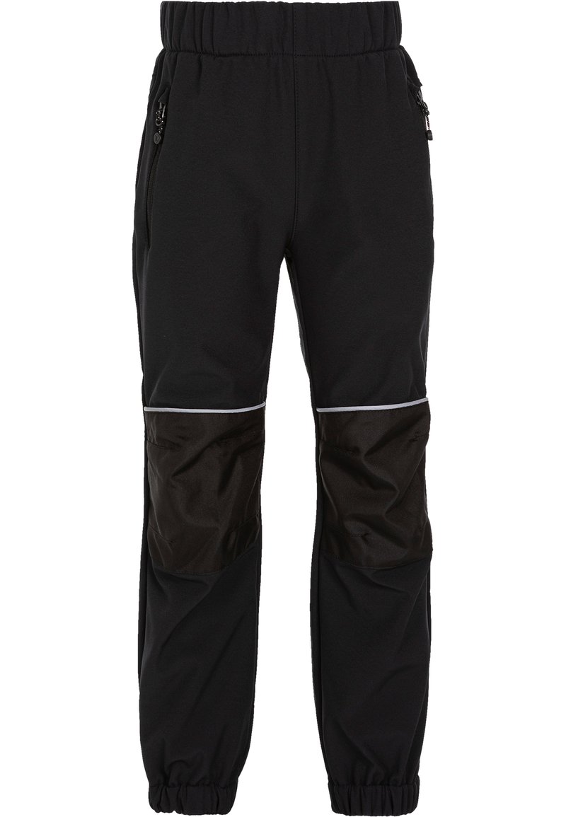 Schwarze Sporthose mit dehnbarem Bund, seitlichen Reißverschlusstaschen und kontrastierenden, glänzenden schwarzen Einsätzen an den Knien, die reflektierende Akzente aufweisen.