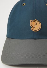 Kasket lavet af mørkeblåt stof med en grå skygge. Har et broderet emblem af en ræv i lys læder på fronten og metaløjer på toppen.