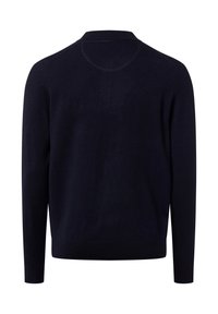 Marineblauer Pullover aus weichem Stoff, mit Rundhalsausschnitt und langen Ärmeln. Keine sichtbaren Muster oder Hardwaredetails.