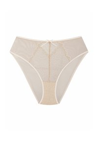 Beige Spitzenslip mit floraler Stickerei, halbtransparenten Netzpaneelen und einer zentralen Schleifendetail sowie einem glatten, elastischen Bund.