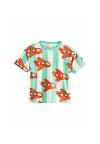 Trumpas rankovės marškinėliai smaragdo spalvos, su kartojančiu raketų raštu oranžine spalva ir juodais akcentais. Lengvas, kvėpuojantis audinys, kasdieniškas dizainas.