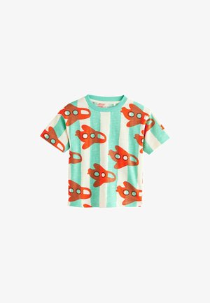Short-sleeve t-shirt in teal, featuring a repeated rocket pattern in orange with black accents. Lightweight, breathable fabric, casual design.