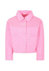 Veste en denim rose avec un devant à boutons, deux poches avant et un panneau supérieur en sequins. Coupée avec des manches longues et un ourlet effiloché.