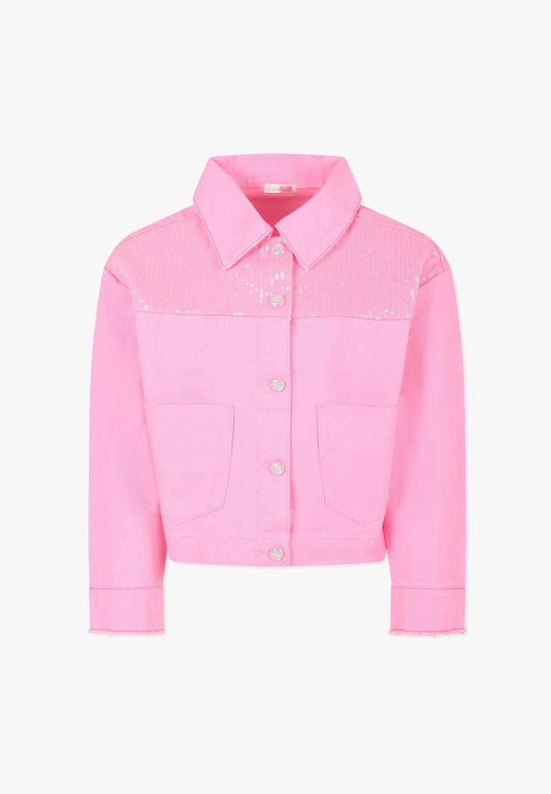 Roze spijkerjack met een knoopsluiting aan de voorkant, twee voorzakken en een paillettend bovenpaneel. Geknipt met lange mouwen en een rafelige zoom.