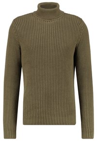 Maglione lavorato a maglia verde oliva con colletto alto, texture a costine, maniche lunghe e vestibilità rilassata. Presenta un'ottima lavorazione spessa e confortevole.