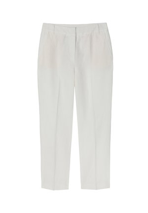 Helle graue Leinenhose mit lockerer Passform, flachem Bund, seitlichen Taschen und schmalem Bein design. Glatte Textur, minimalistischem Stil.