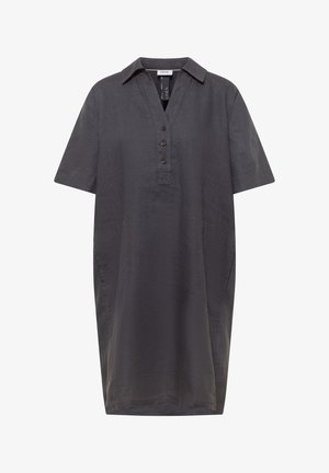 Robe en lin gris foncé à manches courtes avec col, patte de boutonnage trois boutons, poches latérales et silhouette droite à longueur genou.