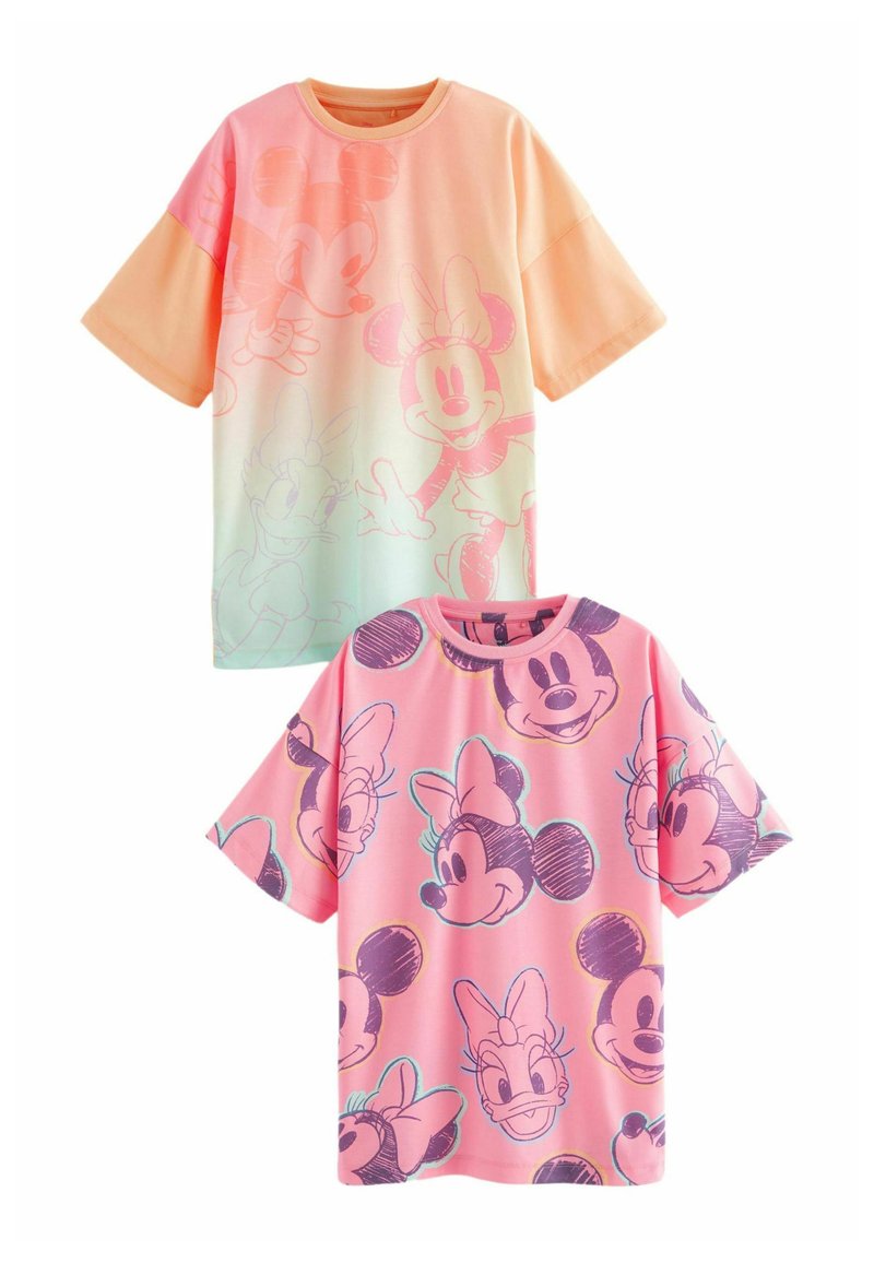 Grafikus pólók Disney karakterekkel. A felső póló narancssárgából rózsaszínbe átmenetet képez, körvonalazott mintákkal. Az alsó póló élénk rózsaszín háttérrel rendelkezik, melyen megismételt karakternyomatok találhatók.