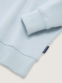 Felpa azzurra con polsini e orlo a costine. Texture liscia con un design semplice. Presenta un'etichetta sul lato sinistro.