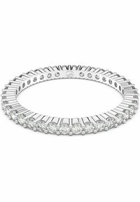 White gold ring featuring a continuous row of round brilliant-cut diamonds set in a channel with textured metal accents.