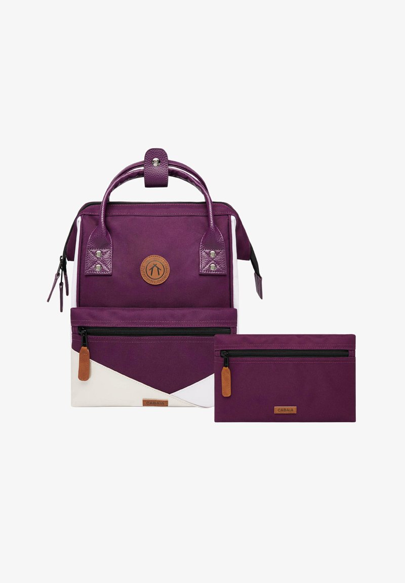 Purple canvas backpack with textured handle, front zipper pocket, and detachable purple pouch. Features a white and purple geometric pattern.