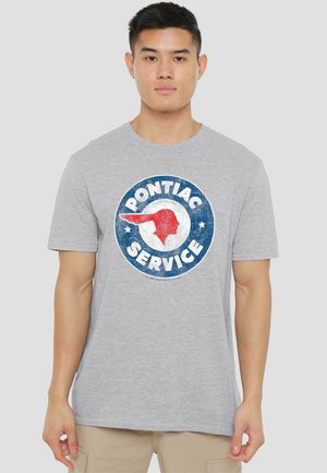 Grey cotton t-shirt featuring a circular graphic with "PONTIAC SERVICE" text, red and blue colors, and a vintage-style design in the center.