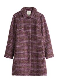 Cappotto di lana con motivo a scacchi in tonalità di viola e marrone. Presenta un colletto, cinque bottoni e una linea dritta.