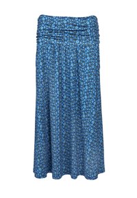 Rock mit Blumenmuster in Blautönen, ausgestattet mit einem gerafften, elastischen Bund und einem fließenden Design. Hergestellt aus leichtem Stoff.