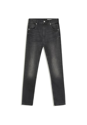 Jean slim noir avec légère décoloration aux cuisses, bouton avant et design à cinq poches, présenté à plat sur fond blanc.