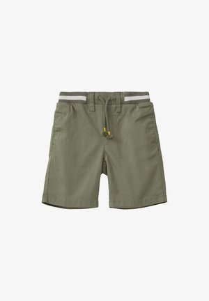 Oliwkowe szorty wykonane z lekkiego materiału. Posiadają elastyczny pas ze sznurkiem w szaro-białe paski i żółtymi końcówkami.