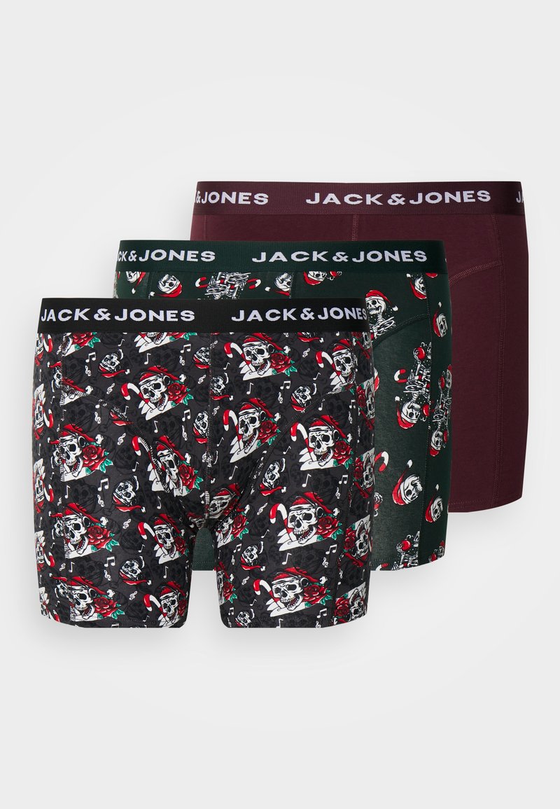 Tre paia di boxer da uomo: uno nero con motivo di teschi e rose, uno verde scuro e uno borgogna. Tutti presentano un elastico in vita con marchio.