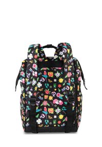 Rucksack mit einem schwarzen Stoffboden, verziert mit einem bunten Blumenmuster, Totenkopf-Details, verstellbaren Trägern und einem Tragegriff.