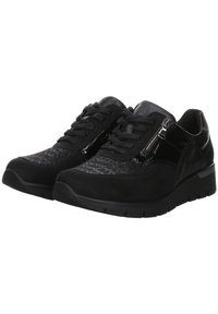 Scarpe nere che presentano un mix di materiali lisci e testurizzati, con una parte anteriore decorata da un motivo, lacci e una cerniera decorativa sul lato.