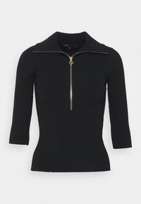Maglione nero a costine con maniche corte e colletto con zip. Presenta una cerniera dorata e un design aderente.
