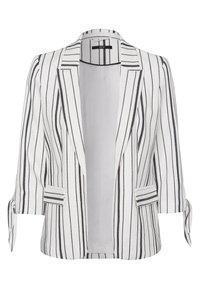 Blazer a righe bianco e nero, realizzato in tessuto leggero, presenta un colletto a punta, apertura frontale e polsini arrotolati con dettagli a tab.