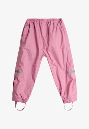 Rozā ūdensnecaurlaidīgas bikses ar elastīgu jostu, sānu kabatām un atrefleksējoši pelēkiem akcentiem pie apakšmalas. Elastīgas aproces, lai nodrošinātu stabilu piegulšanu.