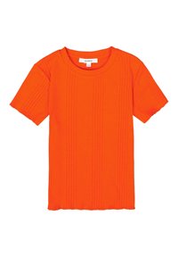 Kurzärmliges, geripptes T-Shirt in leuchtendem Orange. Es hat einen runden Halsausschnitt und einen strukturierten Stoff mit leichtem Stretch. Saum ist sauber verarbeitet.
