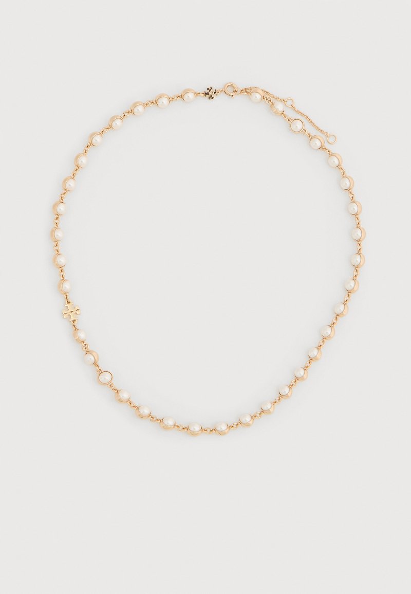 Χρυσό κολιέ με διαδοχικούς μικρούς χρυσούς κρίκους και λευκά μαργαριτάρια. Περιλαμβάνει κούμπωμα και ρυθμιζόμενη αλυσίδα για προσαρμογή μήκους.