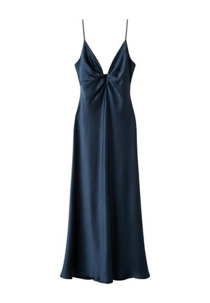 Langes, marineblaues Satin-Kleid mit dünnen Spaghettiträgern und einem Twist-Detail an der Brust, das eine fließende A-Linien-Silhouette aufweist.