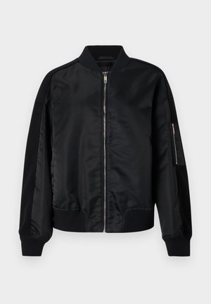 Black bomber jacket with a satin finish, ribbed cuffs and hem, zip closure, and a side pocket detail. Features contrasting fabric panels.