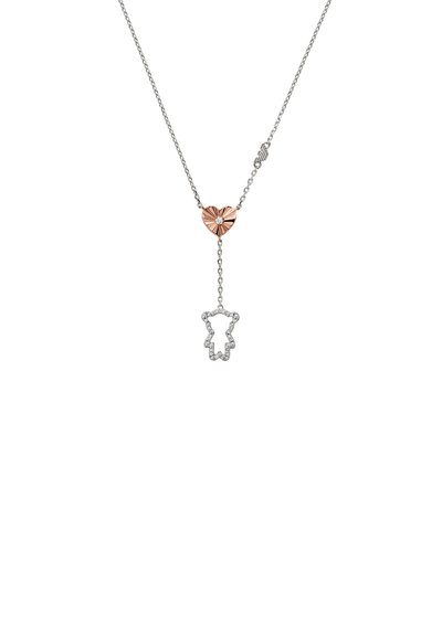Collana in argento con pendente a forma di cuore in oro rosa, impreziosito da un accento di diamante, che porta a un charm a forma di orso in argento decorato con pietre.