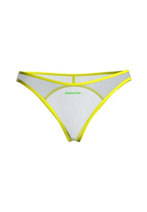 Culotte bikini en mesh blanc transparent avec bordure jaune vif et logo "Maison Close" vert centré sur la ceinture avant.