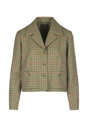 Plaid cropped jacket in green, cream, and red with notched collar, double-breasted button closure, and two front pockets.