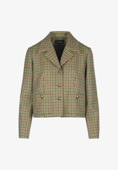 Zaļš, krēmkrāsas un sarkans pārklājošs žakets ar iegrieztu apkakli, divdubļu pogu aizdari un divām priekšējām kabatām.