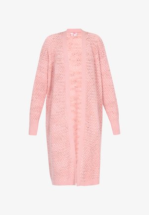 Pitkä vaaleanpunainen auki oleva neulejakku, jossa on teksturoitu kuvio ja ribbaatut hihansuut ja reunat, esitelty valkoista taustaa vasten.