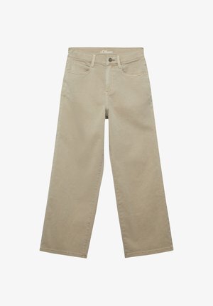 Beige Hosen mit weitem Bein, Vorderentaschen, Gürtelschlaufen, einem Knopfverschluss und Ziernähten, flach auf einem weißen Hintergrund liegend.