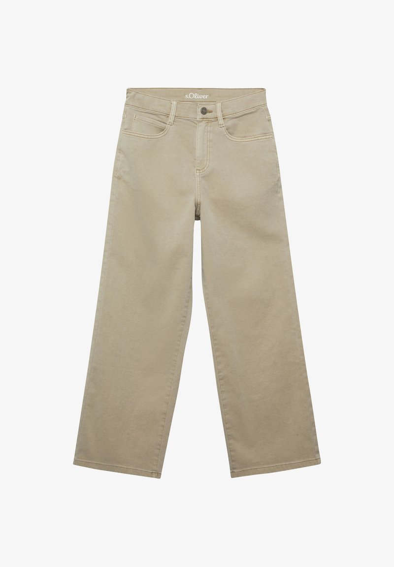 Beežid laiade säärtega püksid esiliste taskute, vööaasade, nööpidega kinnituse ja õmblustega, asetatud valgele taustale.