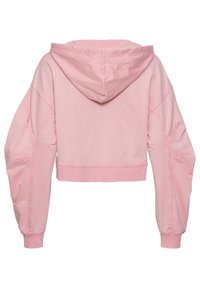 Korte roze hoodie met een capuchon, lange pofmouwen, ribbels aan de mouwen en onderkant. Gemaakt van zachte katoen met een gladde textuur.