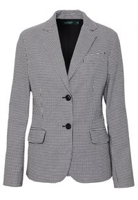 Černobílý tvídový blazer s klopou, dvěma knoflíky a dvěma předními kapsami; strukturovaný střih s hladkým povrchem.