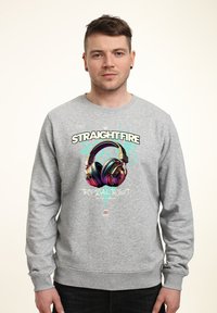 Felpa grigia con un grafico di cuffie colorate e la scritta "STRAIGHTFIRE TROPICAL TWIST". Realizzata in un morbido tessuto testurizzato.