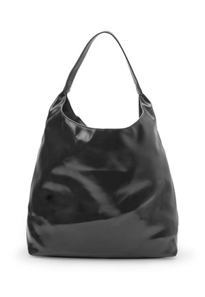 Black leather hobo bag with a smooth, glossy finish. It features a single, wide shoulder strap and a soft, slouchy structure.