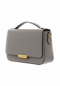 Gray textured handbag with a gold hardware clasp, top handle, and side ring detail, featuring a structured rectangular shape.
