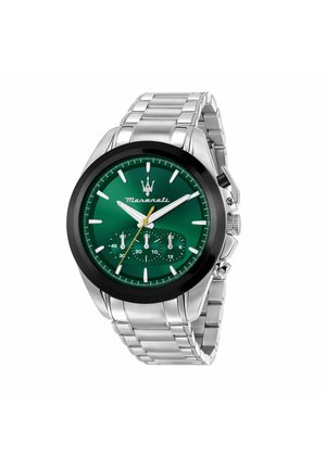 Orologio da polso Maserati in metallo argento con quadrante verde, lunetta nera, tre quadranti secondari e indici e lancette argento.