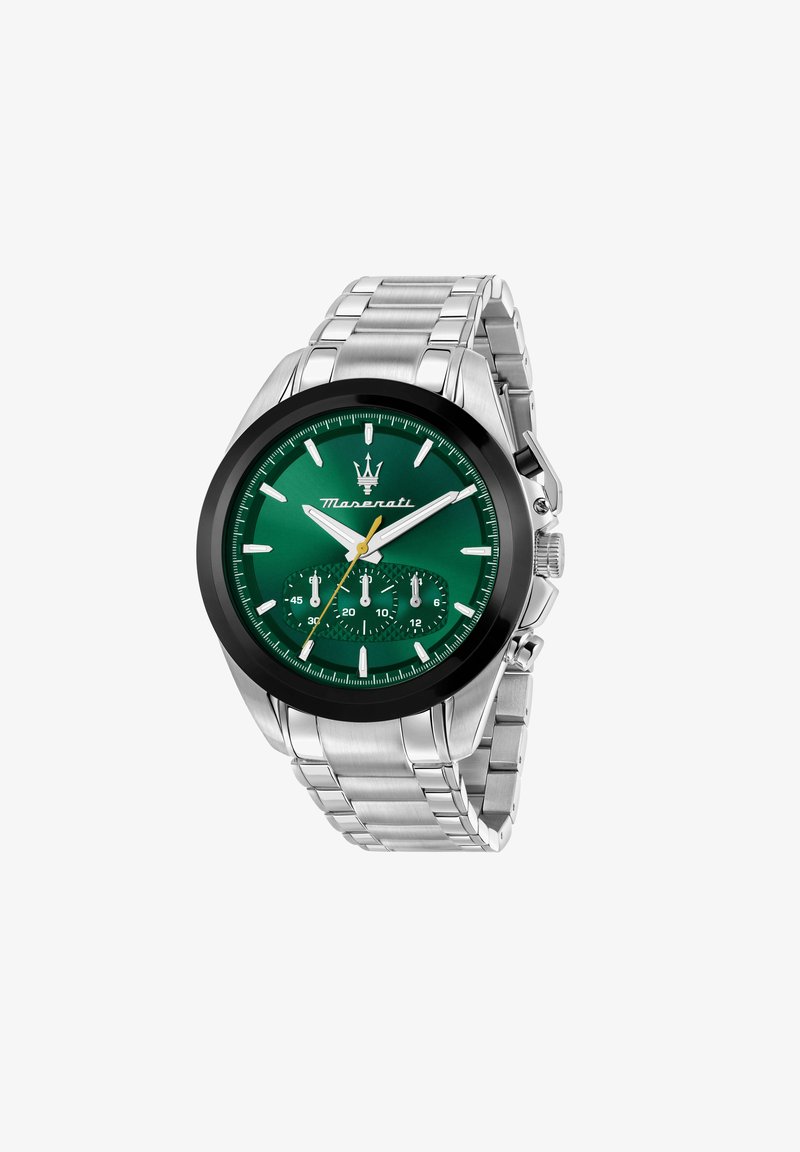 Montre-bracelet Maserati en métal argenté avec cadran vert, lunette noire, trois sous-cadrans, et index ainsi que aiguilles argentés.