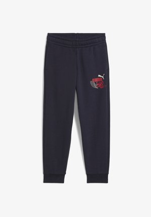 Mørkeblå sweatre med elastisk talje og manchetter. Har et rødt og hvidt Puma-logo-design på venstre lår. Fremstillet af blødt stof.