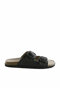 Schwarze Ledersandale mit zwei verstellbaren Schnallen, brauner Wildledersohlenlage und strukturiertem Gummiaußensohle. Minimalistisches Design und offene Zehenform.