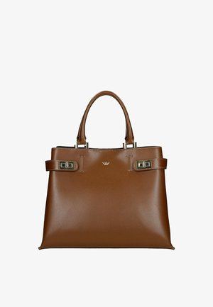 Braune Lederhandtasche mit doppelten Griffen, rechteckiger Form, silberfarbener Hardware und Schnallenakzenten an den Seiten. Glatte Textur.