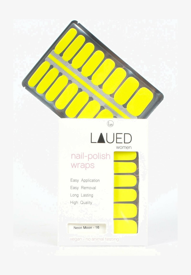 Bright yellow neon nail polish wraps displayed with packaging highlighting easy application, removal, long-lasting, high quality, and vegan claims.